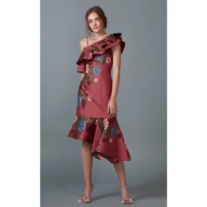 Keepsake One Shoulder Ruffle Floral Dress L Red Pink Blue Asymmetrical Midi